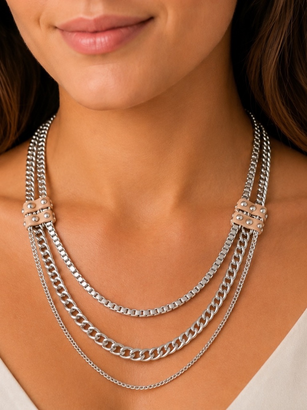 NEW - Sam Edelman Silver Multi-Chain Leather Studded Statement Necklace 30”